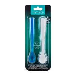 Mamajoo Ergonomik Beslenme Mama Kaşığı & Saklama Kutusu, Mavi & Beyaz, 6ay+, İkili Set 