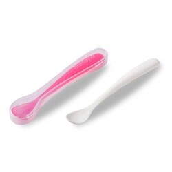 Mamajoo Ergonomik Beslenme Mama Kaşığı & Saklama Kutusu, Pembe & Beyaz, 6ay+, İkili Set 