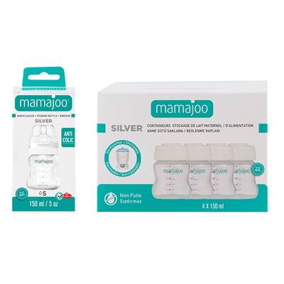 Mamajoo 4 x Aufbewahrungsbehälter für Muttermilch und Nahrung 150 ml & Silber Babyflasche 150 ml