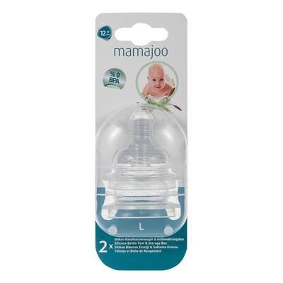Mamajoo Silikon-Flaschensauger mit Aufbewahrungsbox / 12+ Monate, groß, 2er-Pack