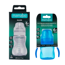 Mamajoo Auslaufsichere Trink-Lernbecher Blau 160ml mit Griff & Anti-Kolik Weicher Schnabel & Silber Babyflasche 250 ml - Thumbnail