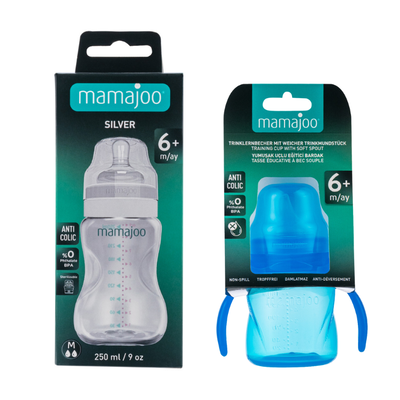 Mamajoo Auslaufsichere Trink-Lernbecher Blau 160ml mit Griff & Anti-Kolik Weicher Schnabel & Silber Babyflasche 250 ml