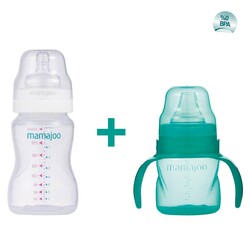  - Mamajoo Auslaufsichere Trink-Lernbecher Grün 160ml mit Griff & Anti-Kolik Weicher Schnabel & Silber Babyflasche 250 ml