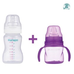  - Mamajoo Auslaufsichere Trink-Lernbecher Lila 160ml mit Griff & Anti-Kolik Weicher Schnabel & Silber Babyflasche 250 ml