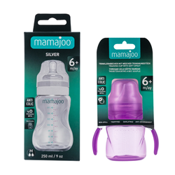 Mamajoo Auslaufsichere Trink-Lernbecher Lila 160ml mit Griff & Anti-Kolik Weicher Schnabel & Silber Babyflasche 250 ml - Thumbnail