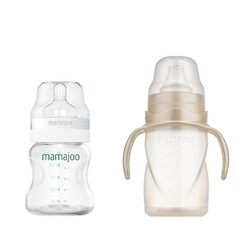 Mamajoo - Mamajoo Silber Babyflasche 150 ml & Auslaufsichere Trink-Lernbecher Pearl 270ml mit Griff & Anti-Kolik Weicher Schnabel