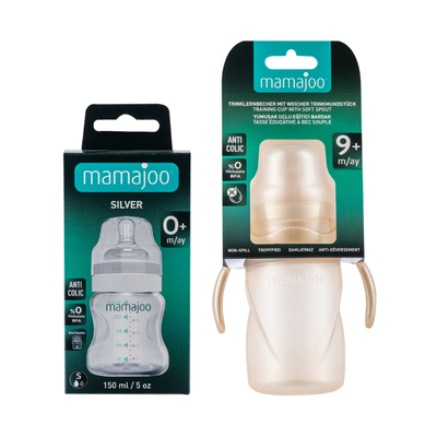 Mamajoo Silber Babyflasche 150 ml & Auslaufsichere Trink-Lernbecher Pearl 270ml mit Griff & Anti-Kolik Weicher Schnabel