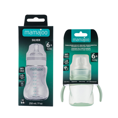 Mamajoo Silber Babyflasche 150 ml & Auslaufsichere Trink-Lernbecher Pudergrün 270ml mit Griff & Anti-Kolik Weicher Schnabel