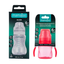 Mamajoo Auslaufsichere Trink-Lernbecher Rosa 160ml mit Griff & Anti-Kolik Weicher Schnabel & Silber Babyflasche 250 ml - Thumbnail