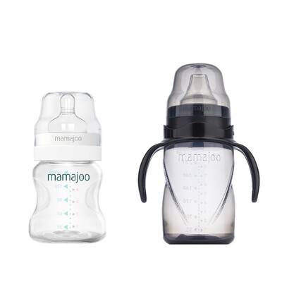 Mamajoo Silber Babyflasche 150 ml & Auslaufsichere Trink-Lernbecher Schwarz 270ml mit Griff & Anti-Kolik Weicher Schnabel