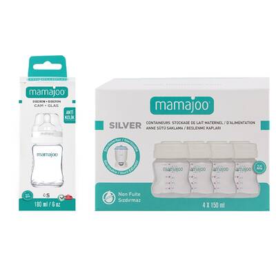 Mamajoo 4 x Aufbewahrungsbehälter für Muttermilch und Nahrung 150 ml & Glasfläschchen 180 ml