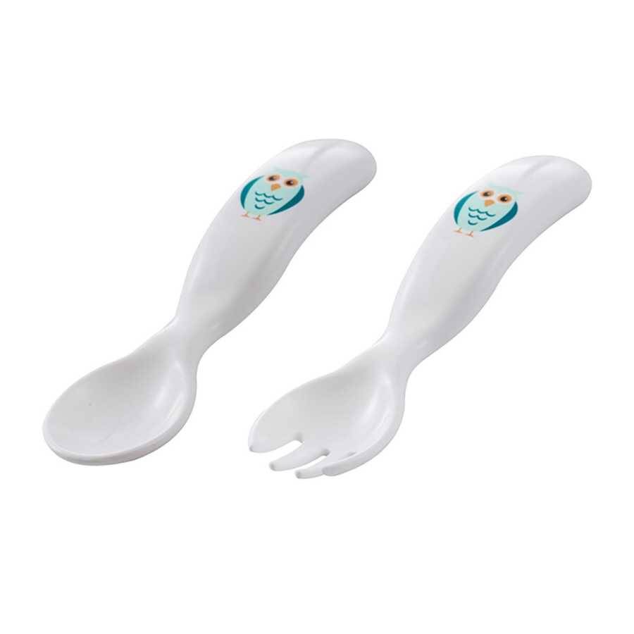 Mamajoo Eğitici Ergonomik Bebek Mama Kaşık Çatal Seti, Baykuş Desenli, Beyaz, 6ay+, İkili Set - Mamajoo