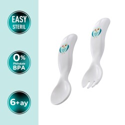 Mamajoo Eğitici Ergonomik Bebek Mama Kaşık Çatal Seti, Baykuş Desenli, Beyaz, 6ay+, İkili Set - 2