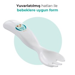 Mamajoo Eğitici Ergonomik Bebek Mama Kaşık Çatal Seti, Baykuş Desenli, Beyaz, 6ay+, İkili Set - 4