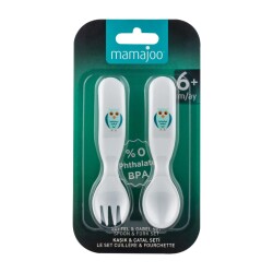 Mamajoo Eğitici Ergonomik Bebek Mama Kaşık Çatal Seti, Baykuş Desenli, Beyaz, 6ay+, İkili Set - 6