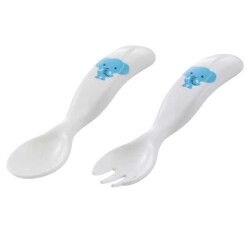Mamajoo Eğitici Ergonomik Bebek Mama Kaşık Çatal Seti, Mavi Fil Desenli, Beyaz, 6ay+, İkili Set - Mamajoo