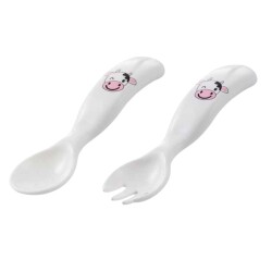 Mamajoo Eğitici Ergonomik Bebek Mama Kaşık Çatal Seti, Pembe İnek Desenli, Beyaz, 6ay+, İkili Set - Mamajoo