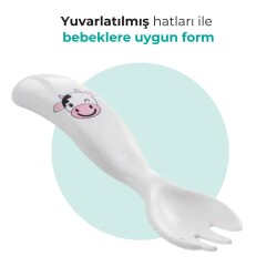 Mamajoo Eğitici Ergonomik Bebek Mama Kaşık Çatal Seti, Pembe İnek Desenli, Beyaz, 6ay+, İkili Set - 4