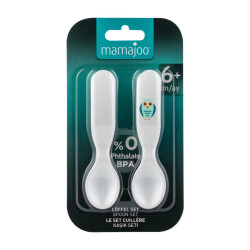 Mamajoo Eğitici Ergonomik Bebek Mama Kaşık Seti, Baykuş Desenli, Beyaz, 6ay+, İkili Set - 2