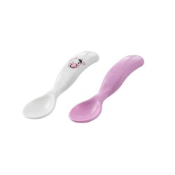 Mamajoo Eğitici Ergonomik Bebek Mama Kaşık Seti, Pembe İnek Desenli, Pembe, 6ay+, İkili Set 