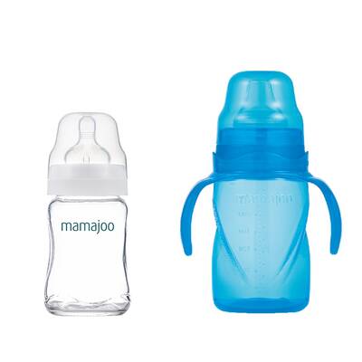 Mamajoo Glasfläschchen 180 ml & Auslaufsichere Trink-Lernbecher Blau 270ml mit Griff & Anti-Kolik Weicher Schnabel