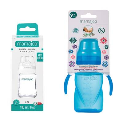 Mamajoo Glasfläschchen 180 ml & Auslaufsichere Trink-Lernbecher Blau 270ml mit Griff & Anti-Kolik Weicher Schnabel