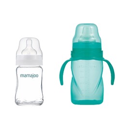 Mamajoo Glasfläschchen 180 ml & Auslaufsichere Trink-Lernbecher Grün 270ml mit Griff & Anti-Kolik Weicher Schnabel - Thumbnail