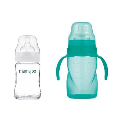 Mamajoo Glasfläschchen 180 ml & Auslaufsichere Trink-Lernbecher Grün 270ml mit Griff & Anti-Kolik Weicher Schnabel