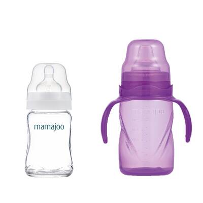 Mamajoo Glasfläschchen 180 ml & Auslaufsichere Trink-Lernbecher Lila 270ml mit Griff & Anti-Kolik Weicher Schnabel