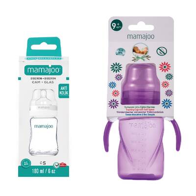 Mamajoo Glasfläschchen 180 ml & Auslaufsichere Trink-Lernbecher Lila 270ml mit Griff & Anti-Kolik Weicher Schnabel