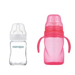 Mamajoo Glasfläschchen 180 ml & Auslaufsichere Trink-Lernbecher Rosa 270ml mit Griff & Anti-Kolik Weicher Schnabel - Thumbnail
