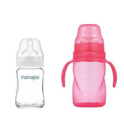 Mamajoo Glasfläschchen 180 ml & Auslaufsichere Trink-Lernbecher Rosa 270ml mit Griff & Anti-Kolik Weicher Schnabel
