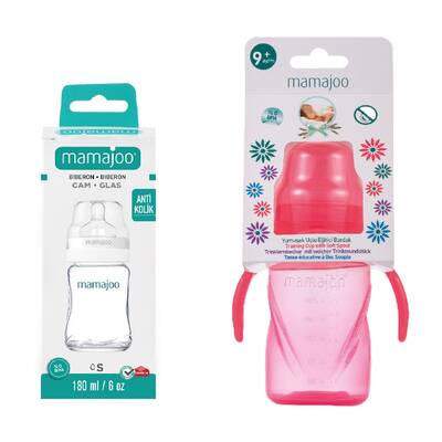 Mamajoo Glasfläschchen 180 ml & Auslaufsichere Trink-Lernbecher Rosa 270ml mit Griff & Anti-Kolik Weicher Schnabel