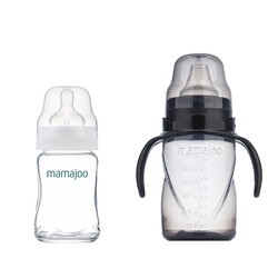 Mamajoo - Mamajoo Glasfläschchen 180 ml & Auslaufsichere Trink-Lernbecher Schwarz 270ml mit Griff & Anti-Kolik Weicher Schnabel