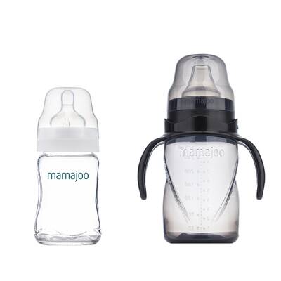 Mamajoo Glasfläschchen 180 ml & Auslaufsichere Trink-Lernbecher Schwarz 270ml mit Griff & Anti-Kolik Weicher Schnabel