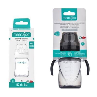 Mamajoo Glasfläschchen 180 ml & Auslaufsichere Trink-Lernbecher Schwarz 270ml mit Griff & Anti-Kolik Weicher Schnabel