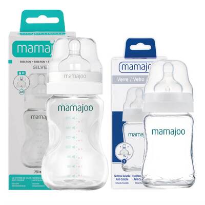 Mamajoo Glasfläschchen 180 ml & Silber Babyflasche 250 ml