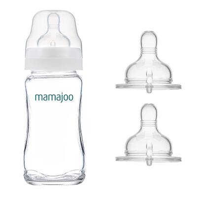 Mamajoo Glas Babyflasche 240 ml & Glasflaschensauger & Aufbewahrungsbox / 0+ Monate, Klein, 2er-Pack