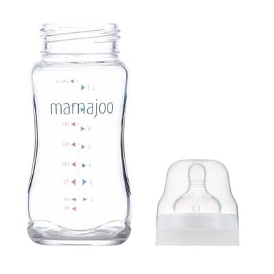 Mamajoo Glas Babyflasche 240 ml & Glasflaschensauger & Aufbewahrungsbox / 0+ Monate, Klein, 2er-Pack