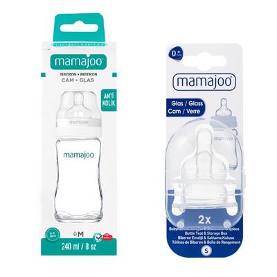 Mamajoo Glas Babyflasche 240 ml & Glasflaschensauger & Aufbewahrungsbox / 0+ Monate, Klein, 2er-Pack