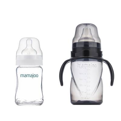 Mamajoo Glass Feeding Bottle 180ml & Non Spill Training Cup Black 270ml with Handle