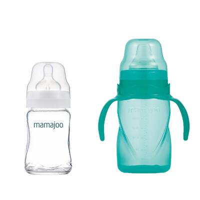 Mamajoo Glass Feeding Bottle 180ml & Non Spill Training Cup Green 270ml with Handle