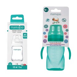 Mamajoo Glass Feeding Bottle 180ml & Non Spill Training Cup Green 270ml with Handle - Thumbnail