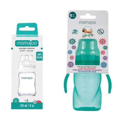 Mamajoo Glass Feeding Bottle 180ml & Non Spill Training Cup Green 270ml with Handle