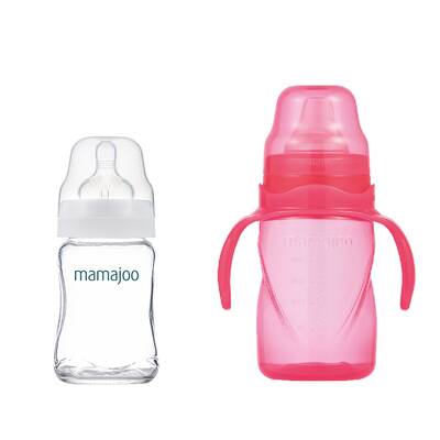 Mamajoo Glass Feeding Bottle 180ml & Non Spill Training Cup Pink 270ml with Handle