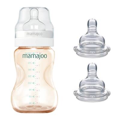 Mamajoo Gold-Babyflasche 250 ml & Anti-Kolik-Flaschensauger mit Aufbewahrungsbox / 0+ Monate, klein, 2er-Pack