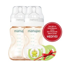 Mamajoo - Mamajoo Gold İkili Biberon 250ml / Silikon Ortodontik İkili Emzik Hediye