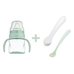 Mamajoo - Mamajoo Kulplu Eğitici Bardak 160 ml & İkili Beslenme Kaşığı / Powder Green