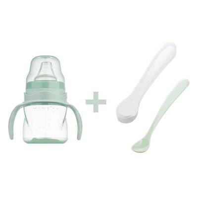 Mamajoo Kulplu Eğitici Bardak 160 ml & İkili Beslenme Kaşığı / Powder Green