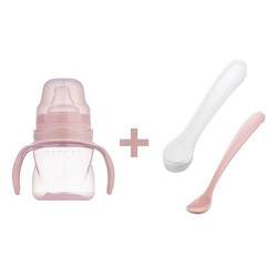  - Mamajoo Kulplu Eğitici Bardak 160 ml & İkili Beslenme Kaşığı / Powder Pink